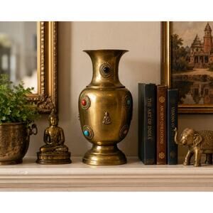 Vintage Brass Buddha Vase 9.5” Turquoise Coral Cabochon Tibetan Nepal Decor
